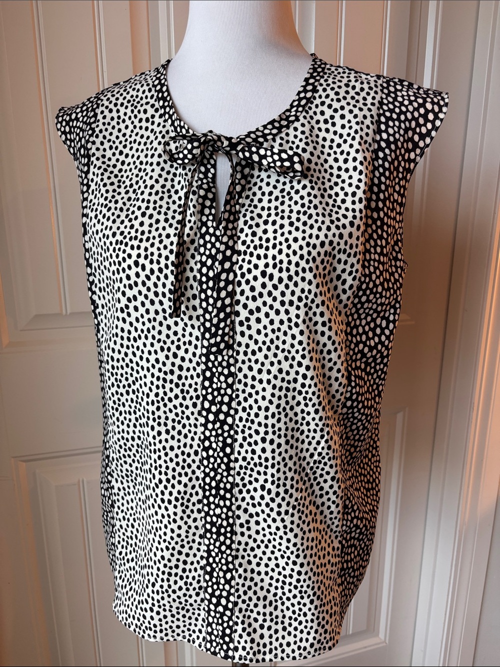 Talbots Black and White Polka Dot Tie-Neck Sleeveless Top